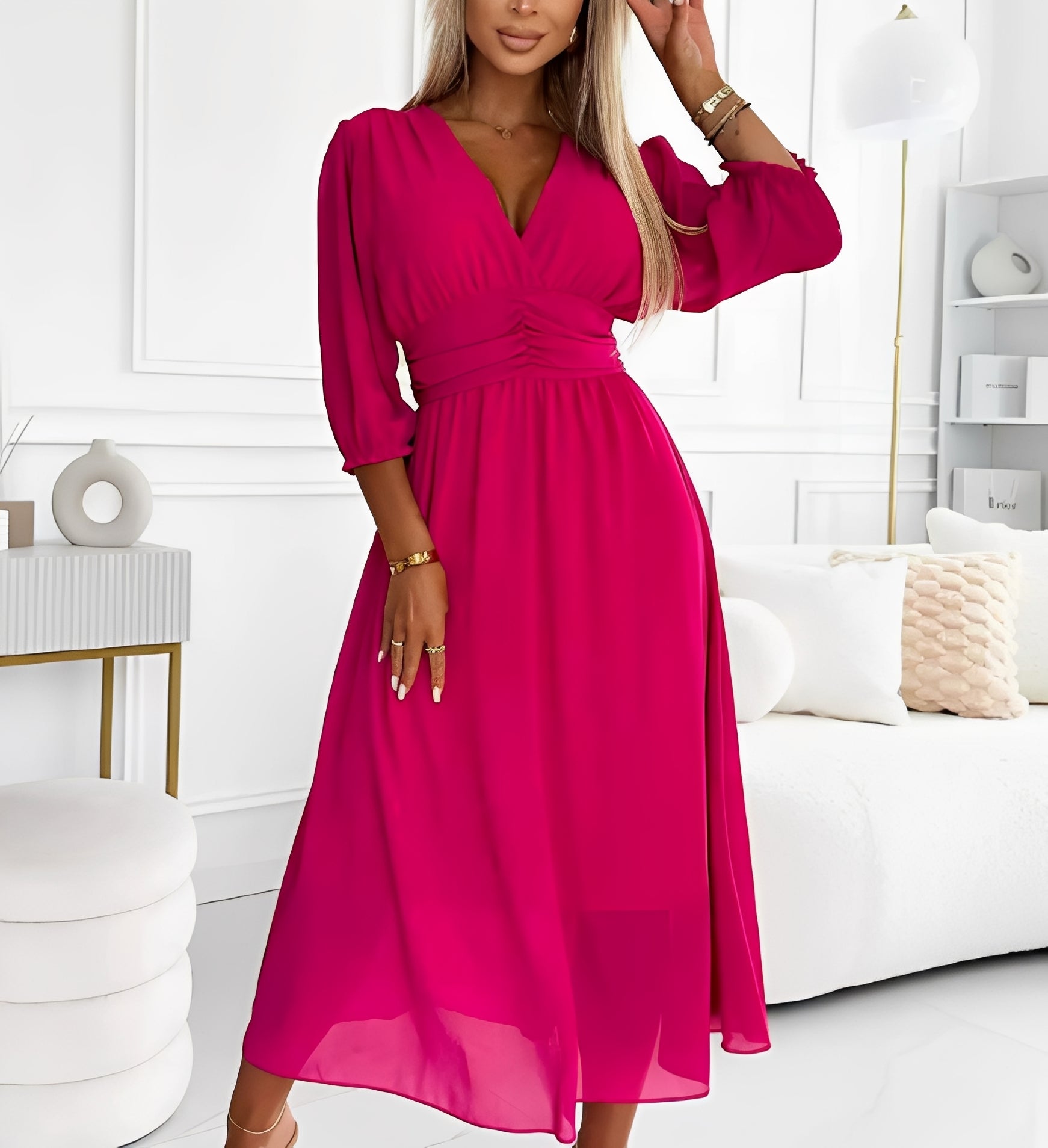 Damen Elegantes Kleid mit Ellbogenärmeln Schwarz - Eveloria