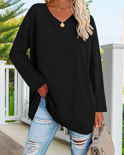 Eveloria Damen Langarm T-Shirt V-Ausschnitt Einfarbig