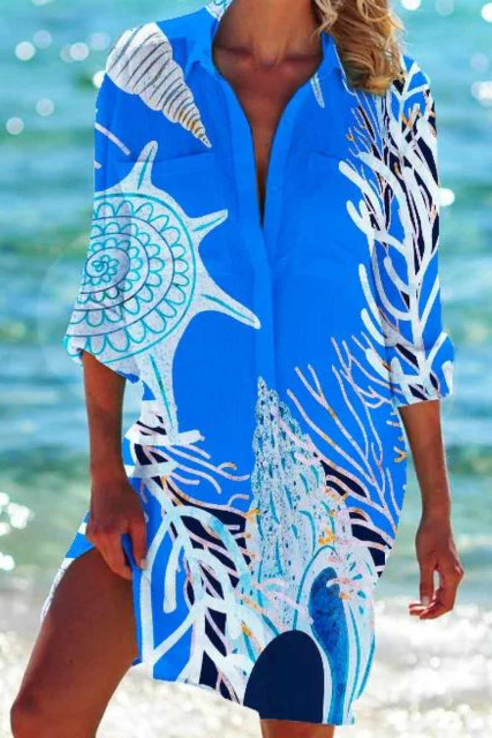 Eveloria Damen Strandbluse Meeresmotiv Lang
