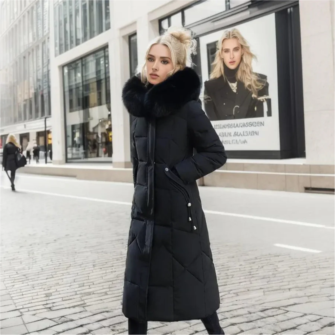 Damen Winterjacke mit Kapuze und Fellbesatz Lang