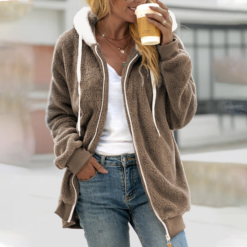 Damen Teddy-Hoodie Reißverschluss Kapuze