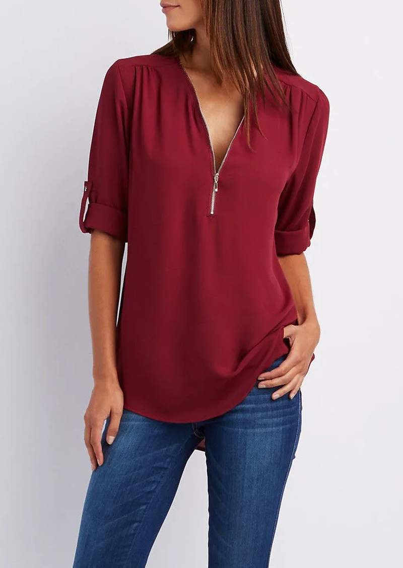 Eveloria Damen Chiffonbluse Mit Reißverschluss