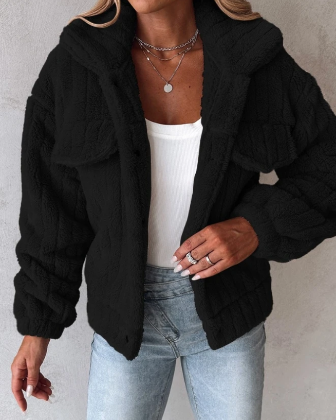 Damen Teddyjacke Kurz Reverskragen Kuschelig Braun