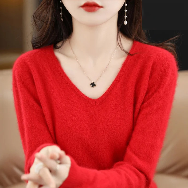 Damen Pullover V-Ausschnitt Leichter Weicher Strick