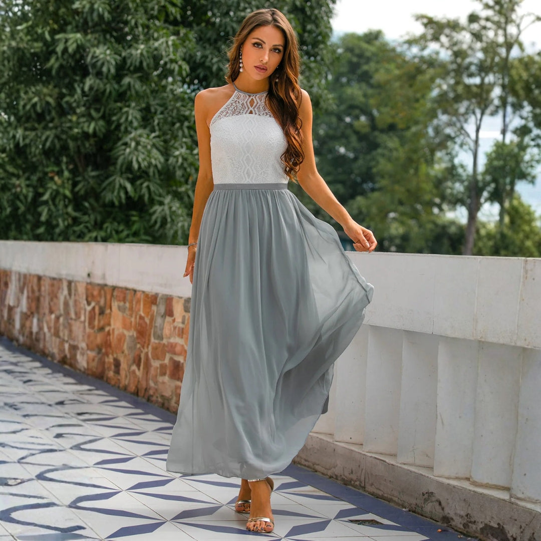 Damen Neckholder Maxikleid Hochzeitsgast Kleid Schwarz - Eveloria