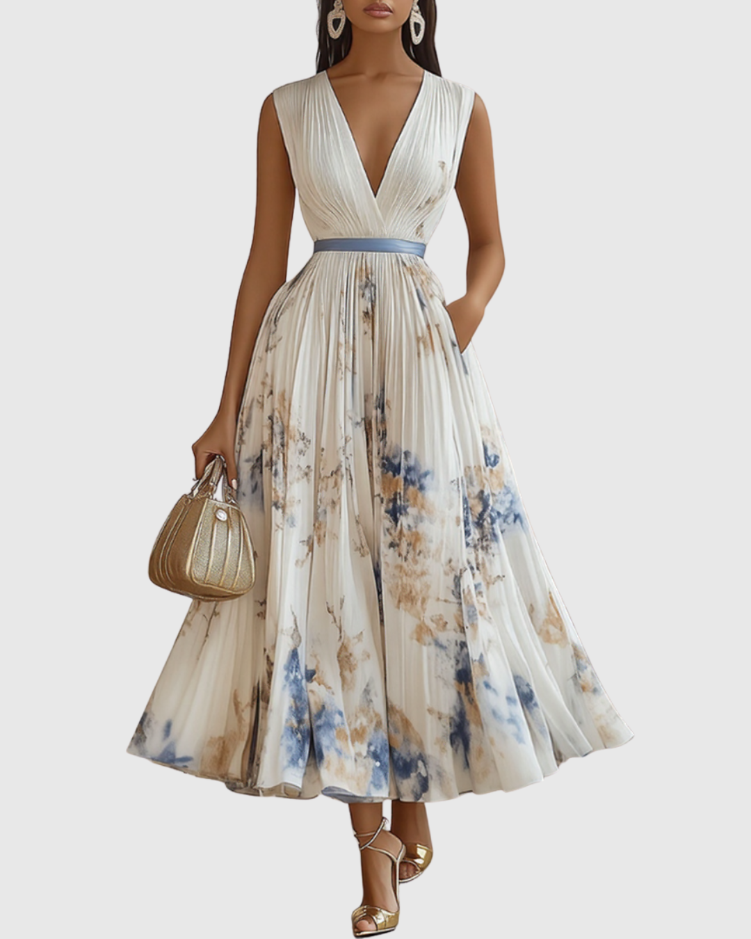Isabella Damen Ärmelloses Midi Kleid Geplissiert Blumenmuster - Eveloria