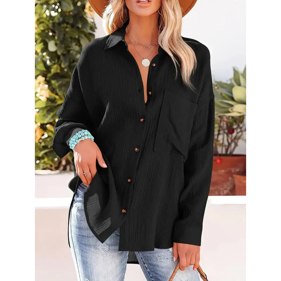 Damen Bluse Unifarbe Knopfleiste Hemdkragen Elegante Langarmbluse