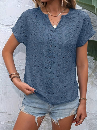 Eveloria Damen T-Shirt Eingekerbter Ausschnitt Lochstickerei