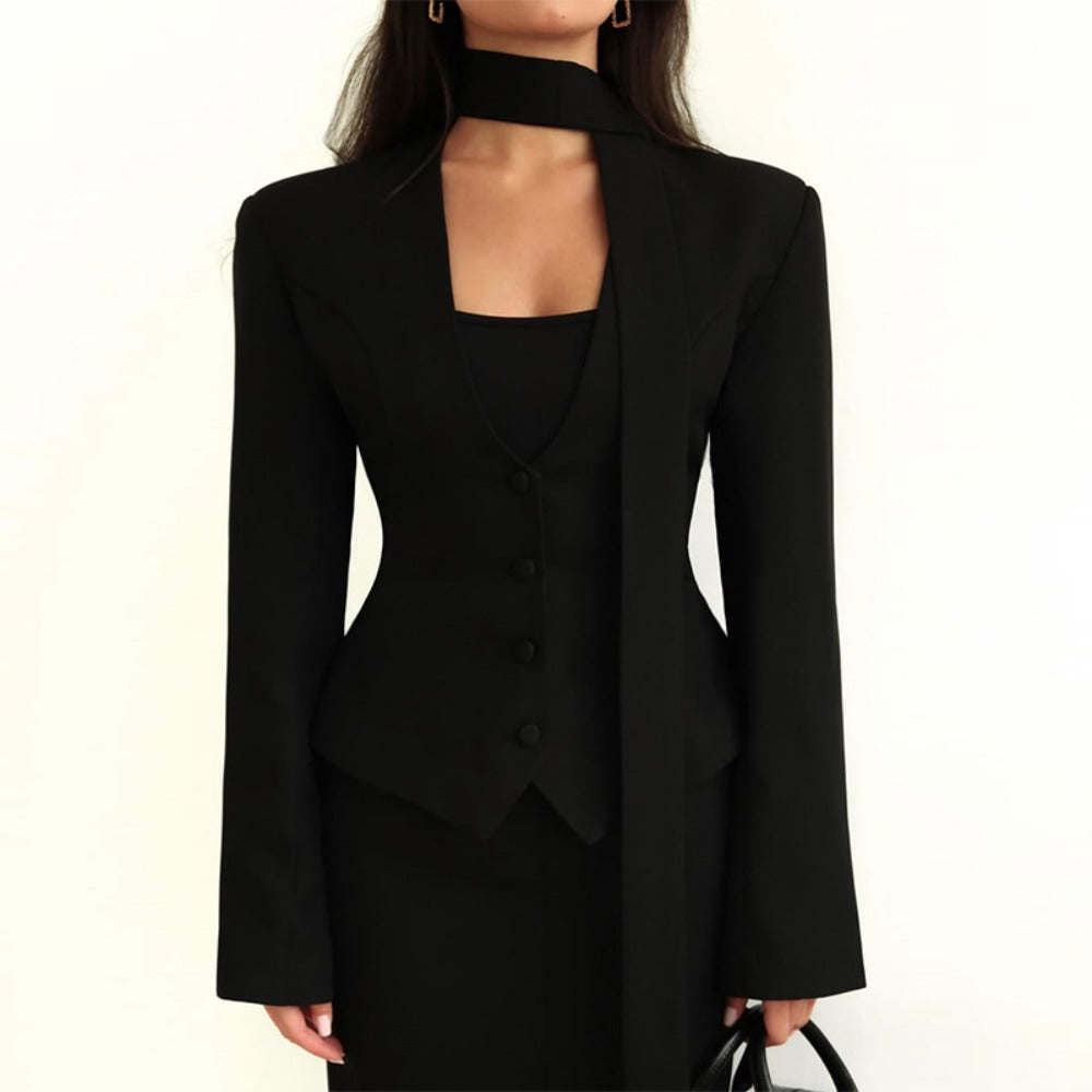 Damen Blazerjacke Langärmlig mit Schal Schwarz - Eveloria