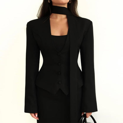 Damen Blazerjacke Langärmlig mit Schal Schwarz - Eveloria