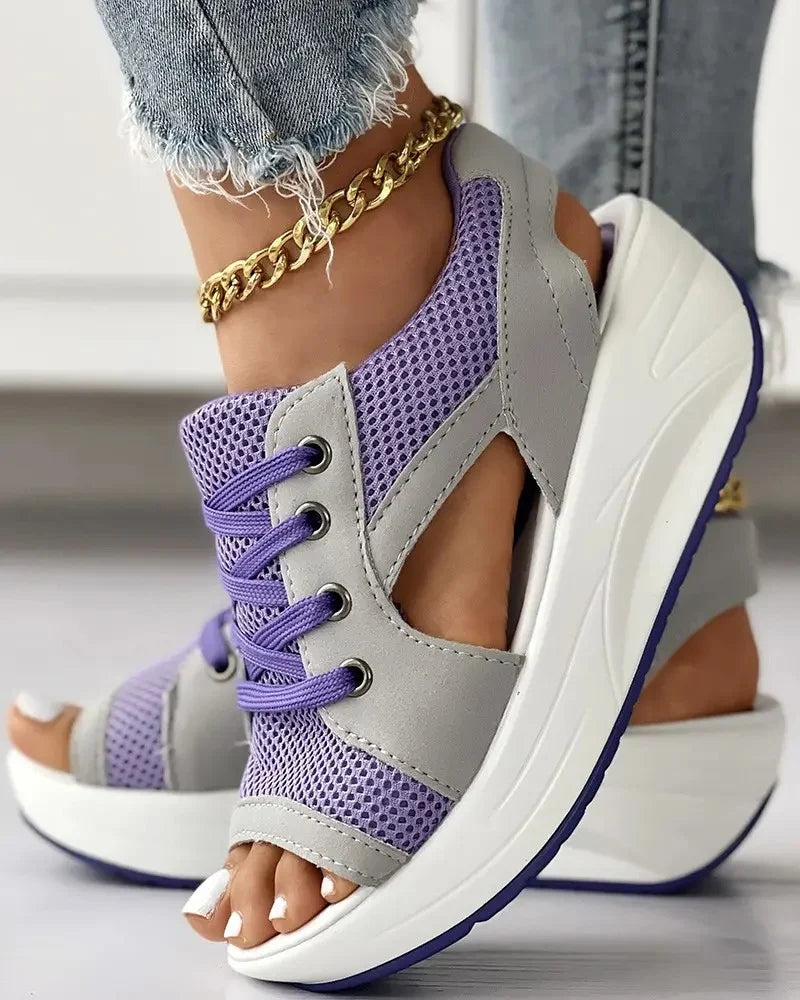 Eveloria Damen Muffin-Sandalen Kontrastausschnitt Schnürsenkel