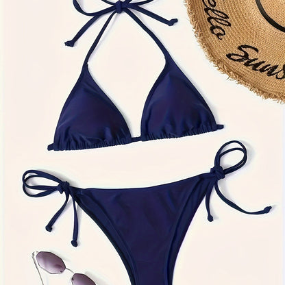 Eveloria Damen Bikini Set Dunkelblau V-Ausschnitt Nackter Rücken