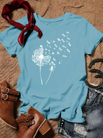 Eveloria Damen T-Shirt Löwenzahn-Print Rundhals Weiss
