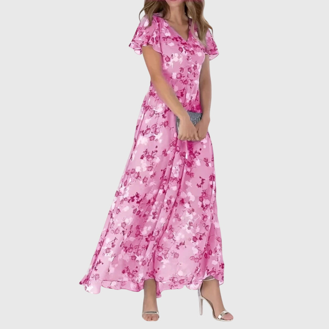 Damen Maxi Kleid V-Ausschnitt Blumenmuster