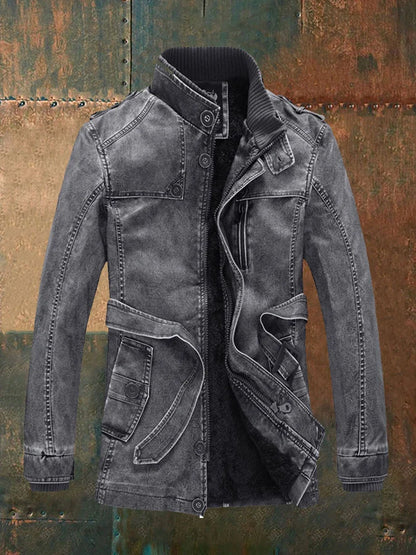 Herren Lederlook Mantel Lang Vintage Stil