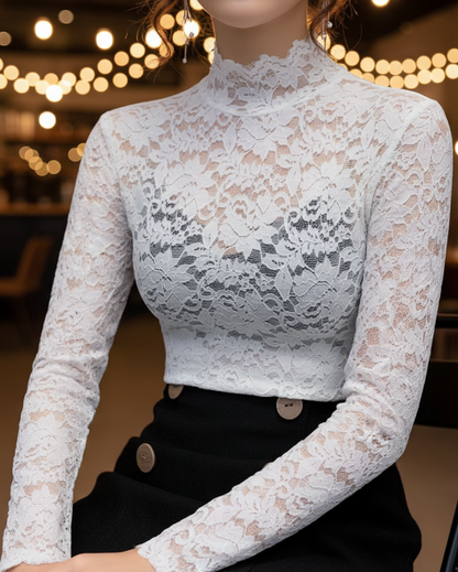 Damen Spitzenbluse Stehkragen Weiße Frühlingsbluse - Eveloria