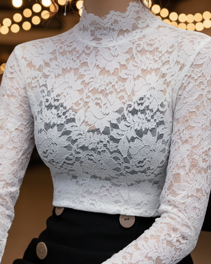 Damen Spitzenbluse Stehkragen Weiße Frühlingsbluse