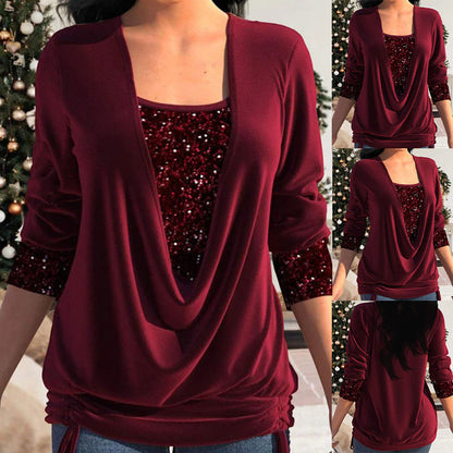 Damen Bluse Langarm Pailletten Elegante