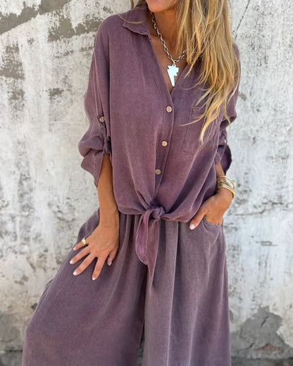 Damen Zweiteiler Uni weite Hose lockere Bluse