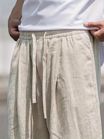 Leinenhose Damen Locker Geschnitten Beige Kordelzug