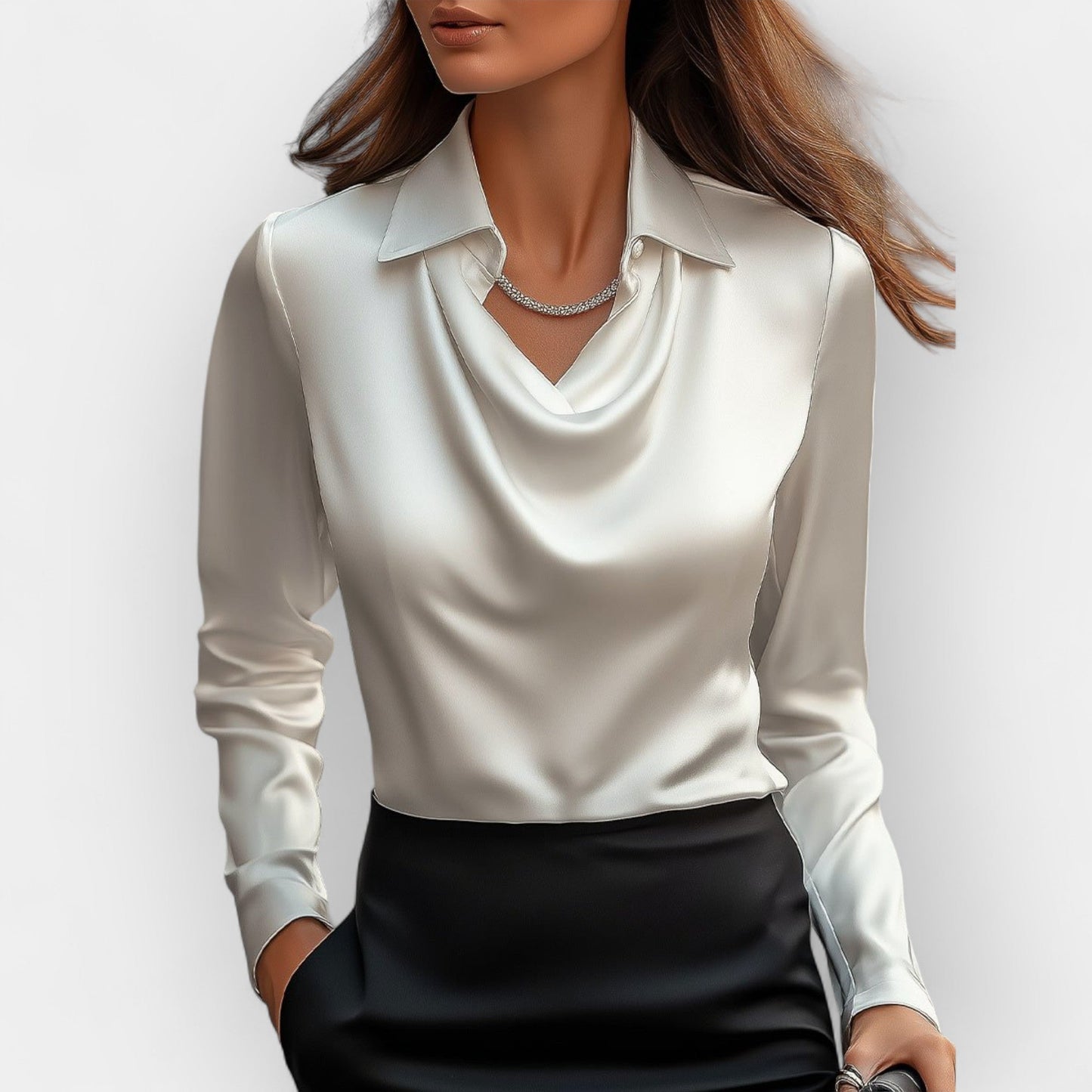 Damen Satinbluse Wasserfallkragen Langarm Eleganz
