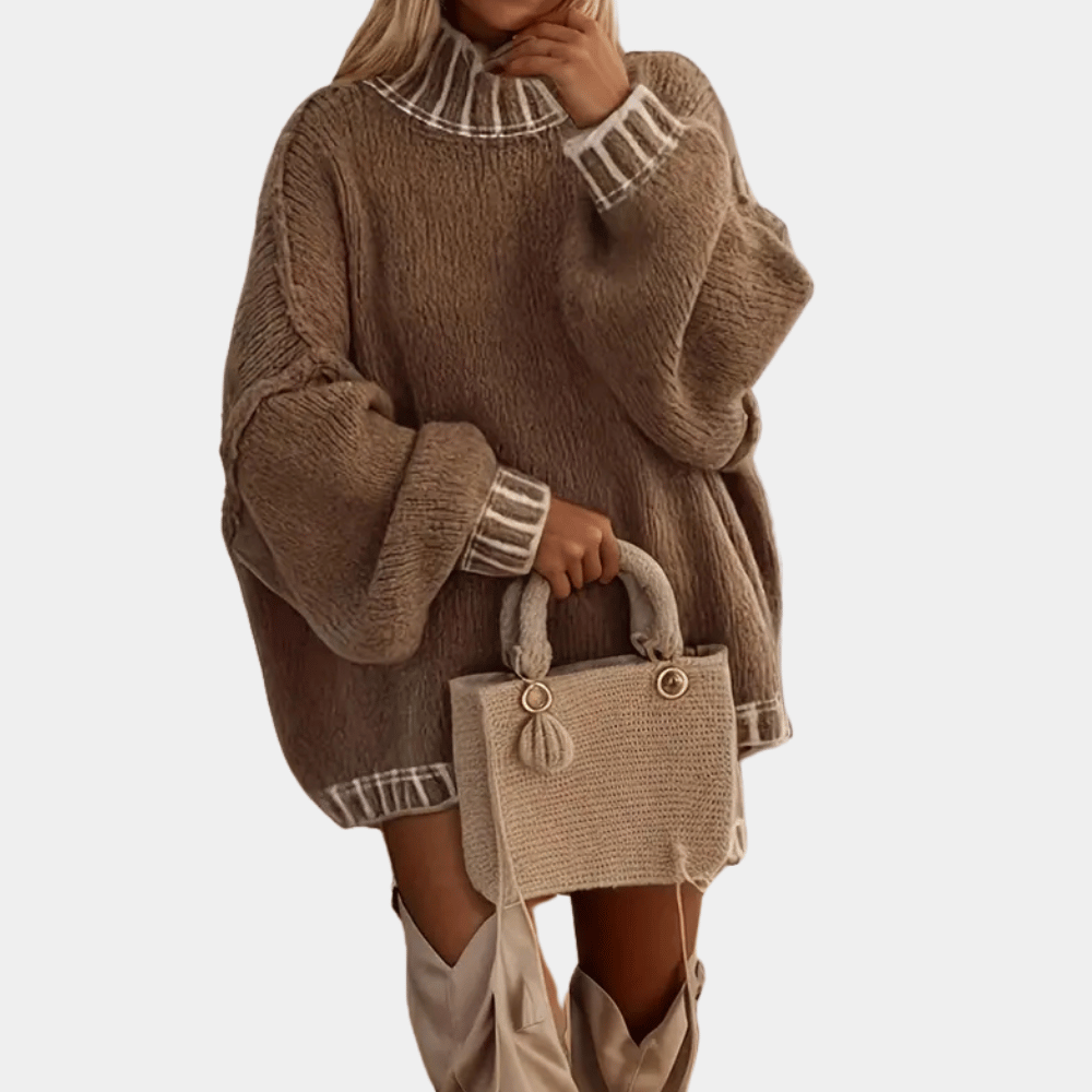 Damen Oversized Rollkragen Strickpullover Braun Weich - Eveloria
