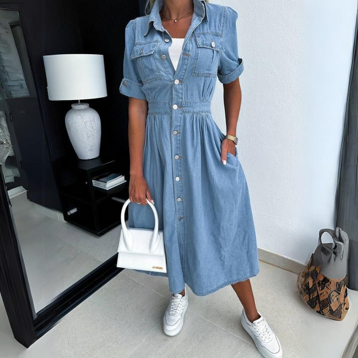 Damen Jeanskleid Baumwolle Elegant Blau