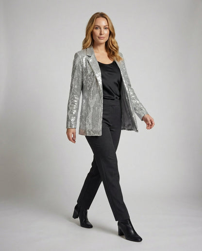 Damen Pailletten Blazer Reversjacke Glitzer Effekt