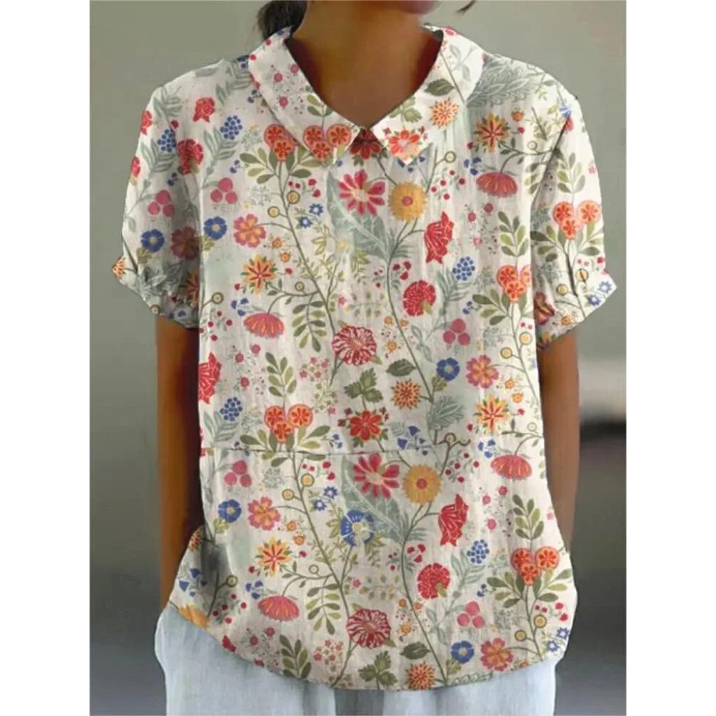 Damen Bluse Blumenmuster Kurze Ärmel