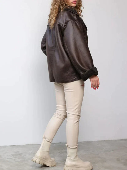 Damen Oversized Jacke Teddyfutter Großer Reverskragen