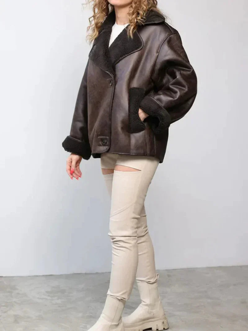 Damen Oversized Jacke Teddyfutter Großer Reverskragen Schwarz - Eveloria