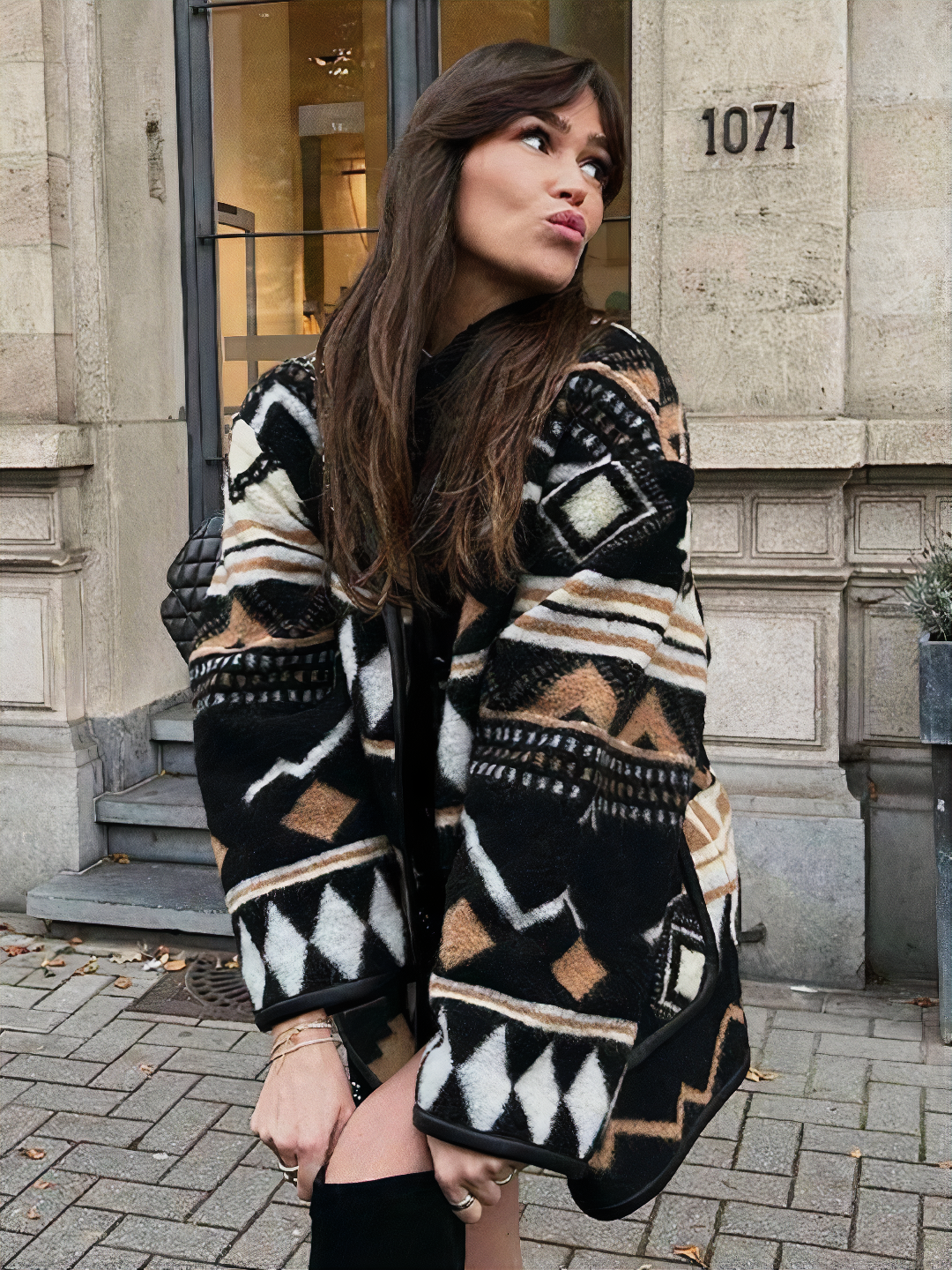 Damen Oversized Jacke Geometrisches Muster Herbstmantel Schwarz - Eveloria