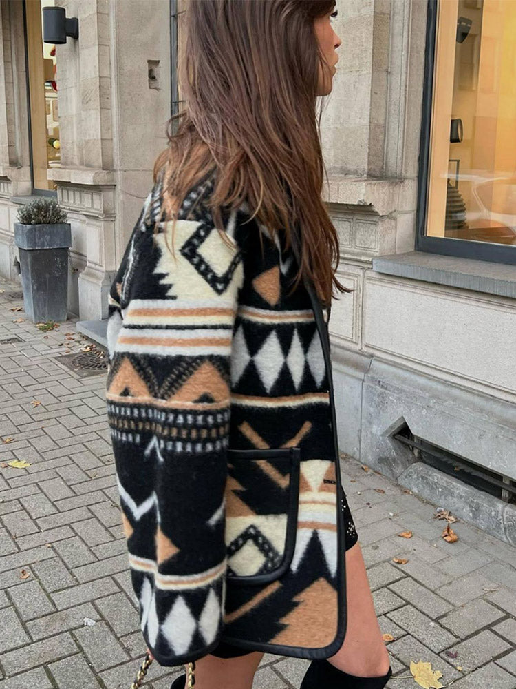 Damen Oversized Jacke Geometrisches Muster Herbstmantel
