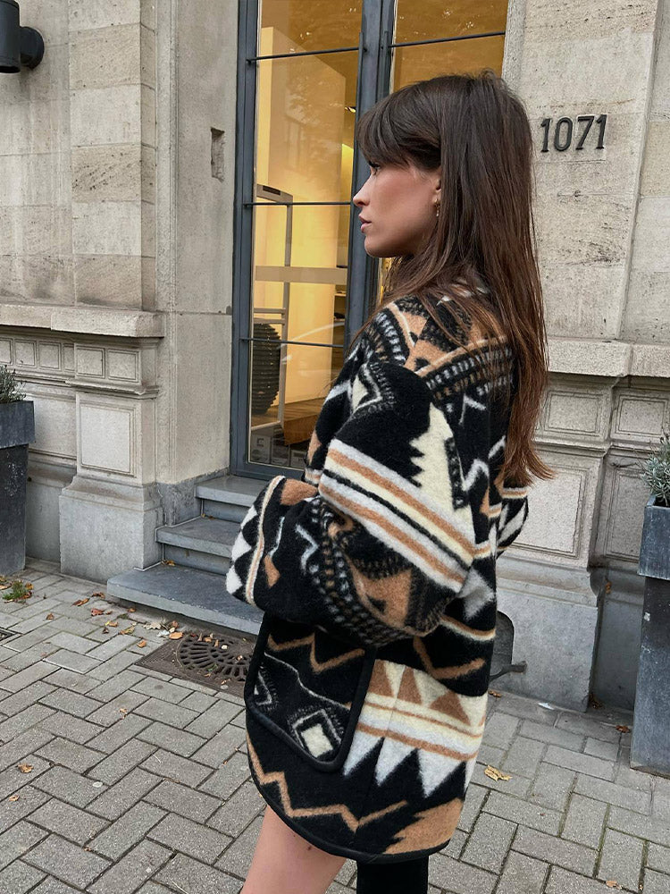 Damen Oversized Jacke Geometrisches Muster Herbstmantel