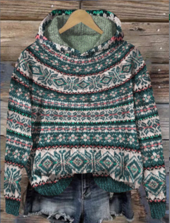 Damen Hoodie Norwegermuster Warmer Kapuzenpullover Mehrfarben