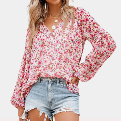 Damen Sommerbluse V-Ausschnitt Blumenmuster Langarm Bluse Boho-Stil - Eveloria