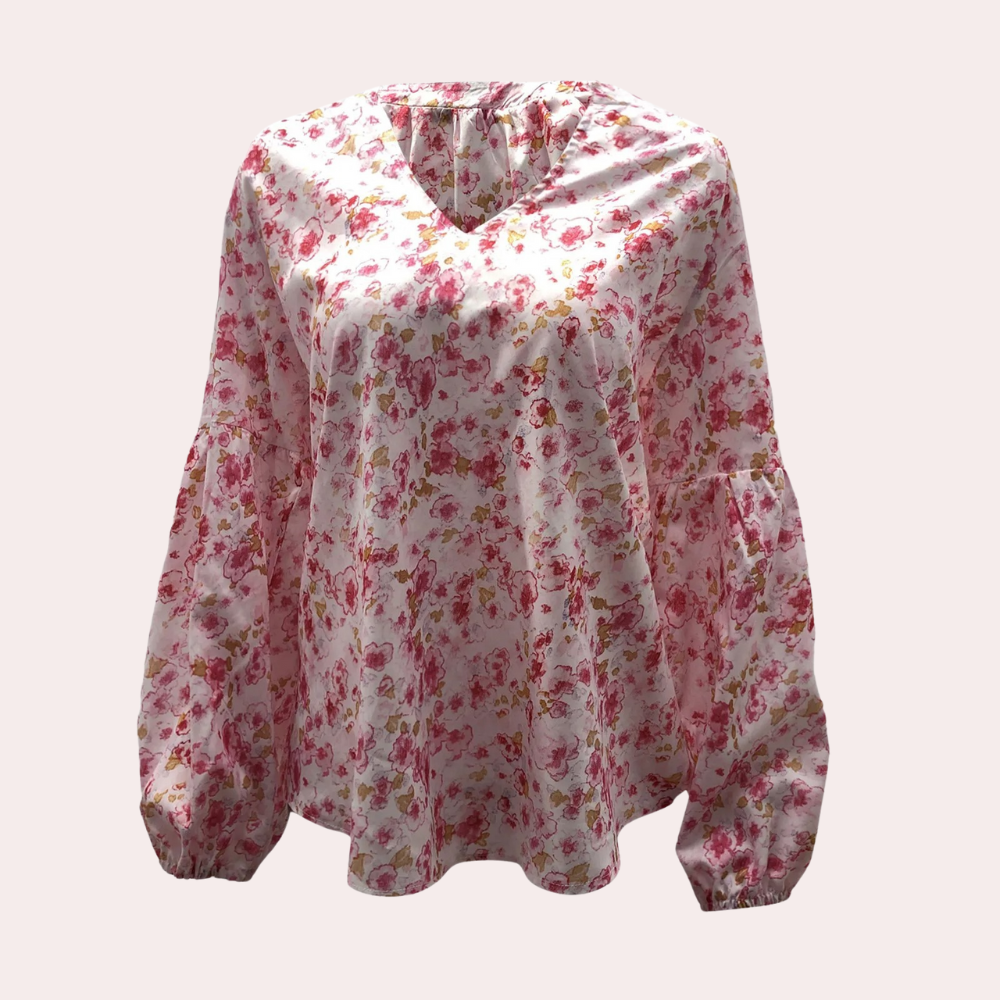 Damen Sommerbluse V-Ausschnitt Blumenmuster Langarm Bluse Boho-Stil