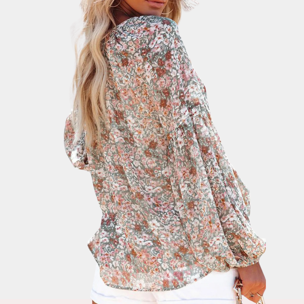 Damen Sommerbluse V-Ausschnitt Blumenmuster Langarm Bluse Boho-Stil