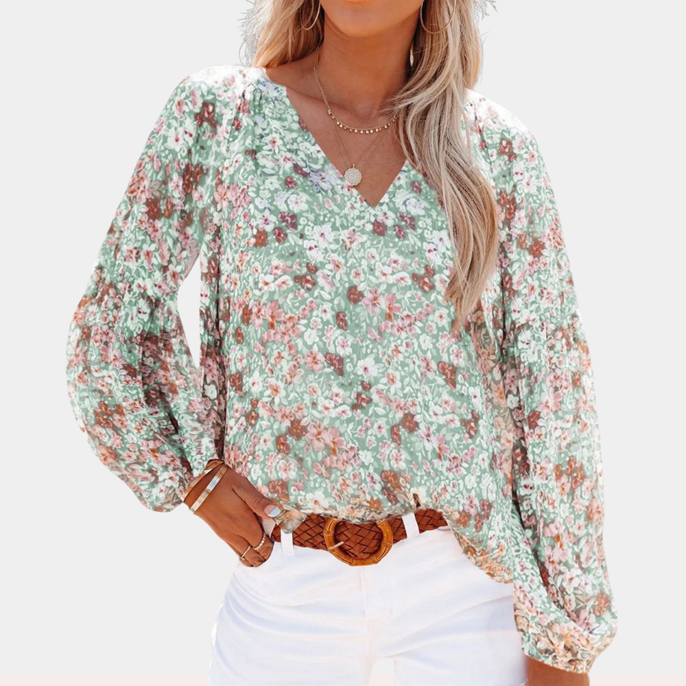 Damen Sommerbluse V-Ausschnitt Blumenmuster Langarm Bluse Boho-Stil