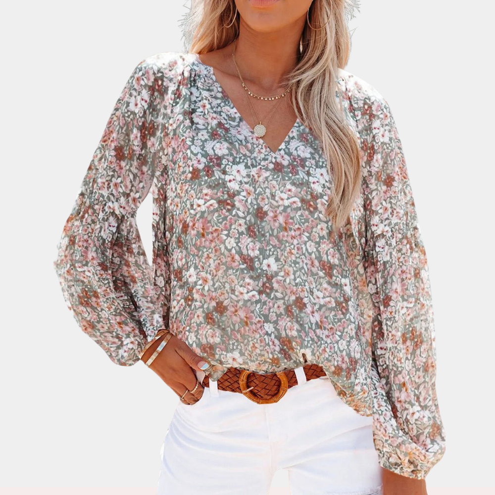 Damen Sommerbluse V-Ausschnitt Blumenmuster Langarm Bluse Boho-Stil
