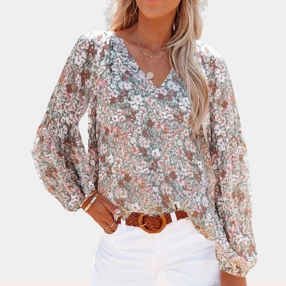 Damen Sommerbluse V-Ausschnitt Blumenmuster Langarm Bluse Boho-Stil