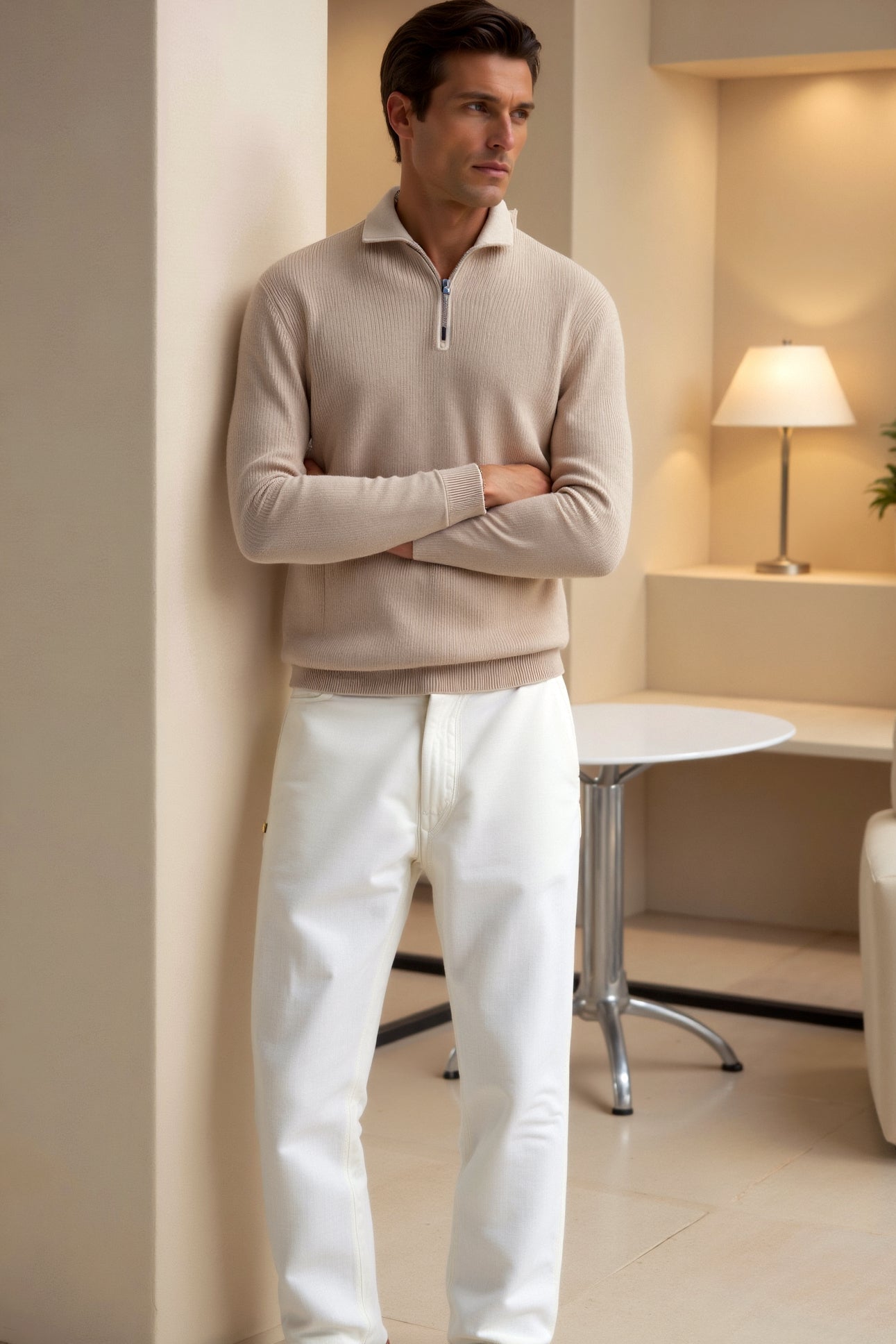 Herren Strickpullover Reißverschluss Kontrastkragen