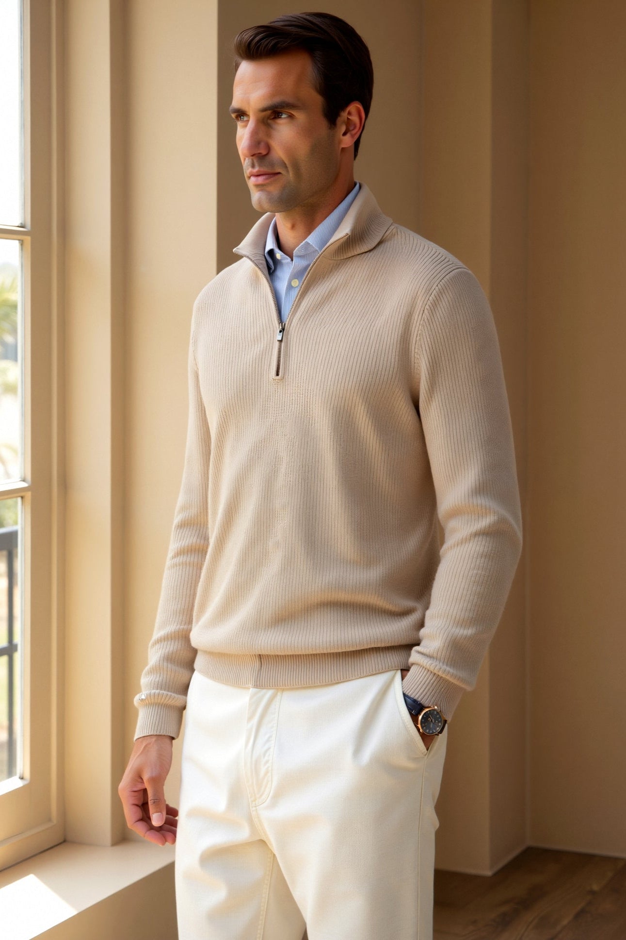 Herren Strickpullover Reißverschluss Kontrastkragen