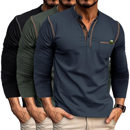 Eveloria Herren Hemd Henley Kragen Baumwolle Weiß - Eveloria