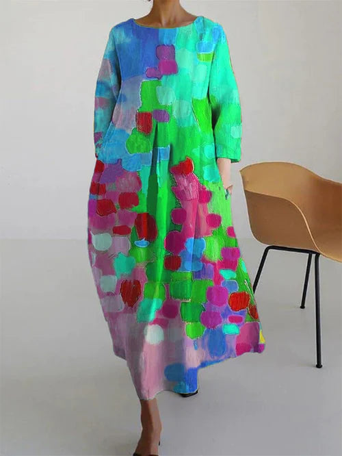 Damen Maxikleid Abstraktes Blumenmuster Länge Mit Langen Ärmeln