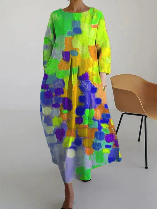 Damen Maxikleid Abstraktes Blumenmuster Länge Mit Langen Ärmeln