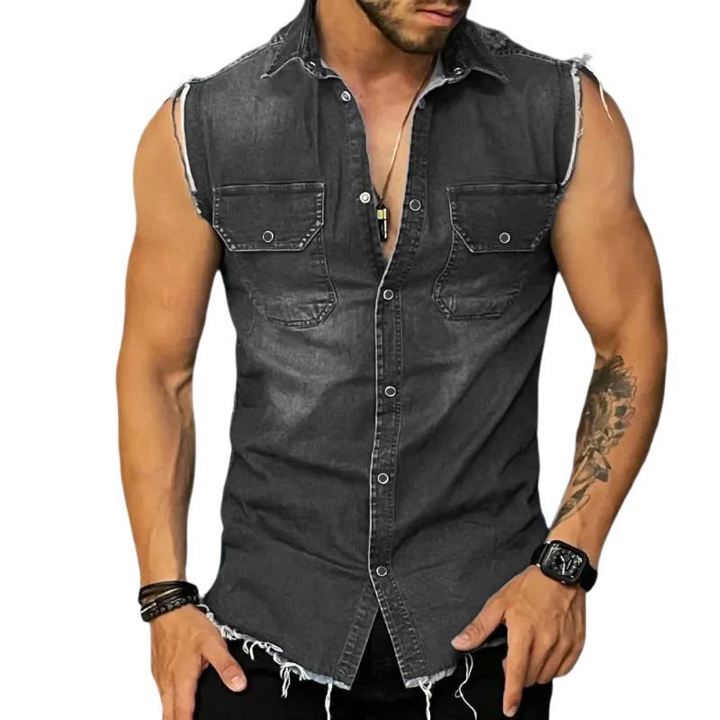 Herren Slim Fit Ärmelloses Jeanshemd mit Knöpfen - Eveloria