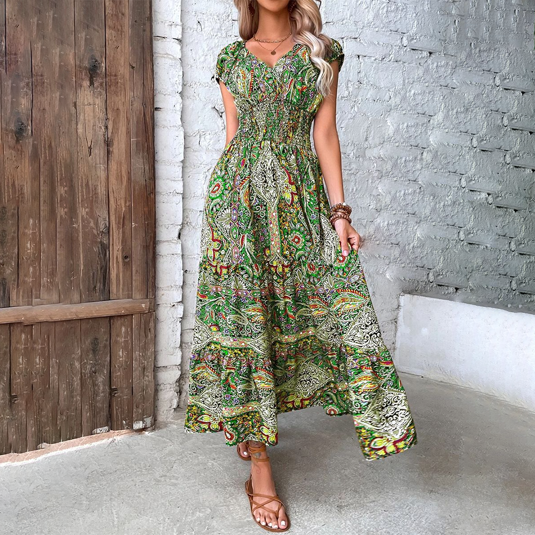 Damen Maxi Kleid V-Ausschnitt Kurzarm Tailliert Farbprint - Eveloria