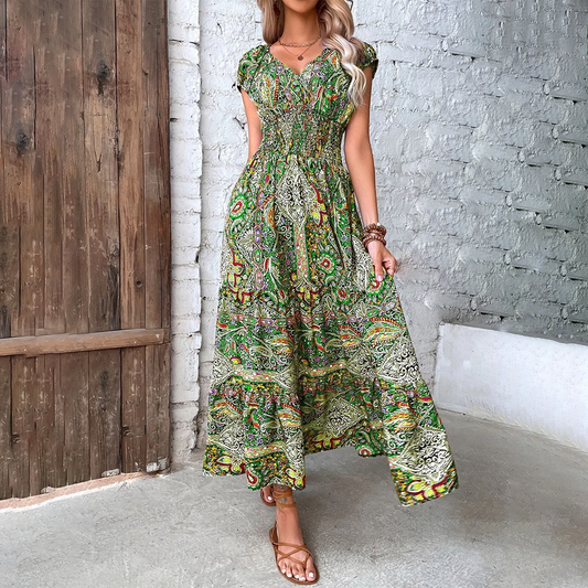 Damen Maxi Kleid V-Ausschnitt Kurzarm Tailliert Farbprint - Eveloria