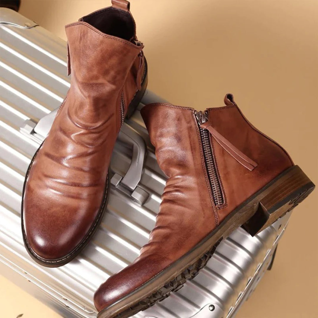 Herren Lederstiefeletten Reißverschluss Schwarz - Eveloria